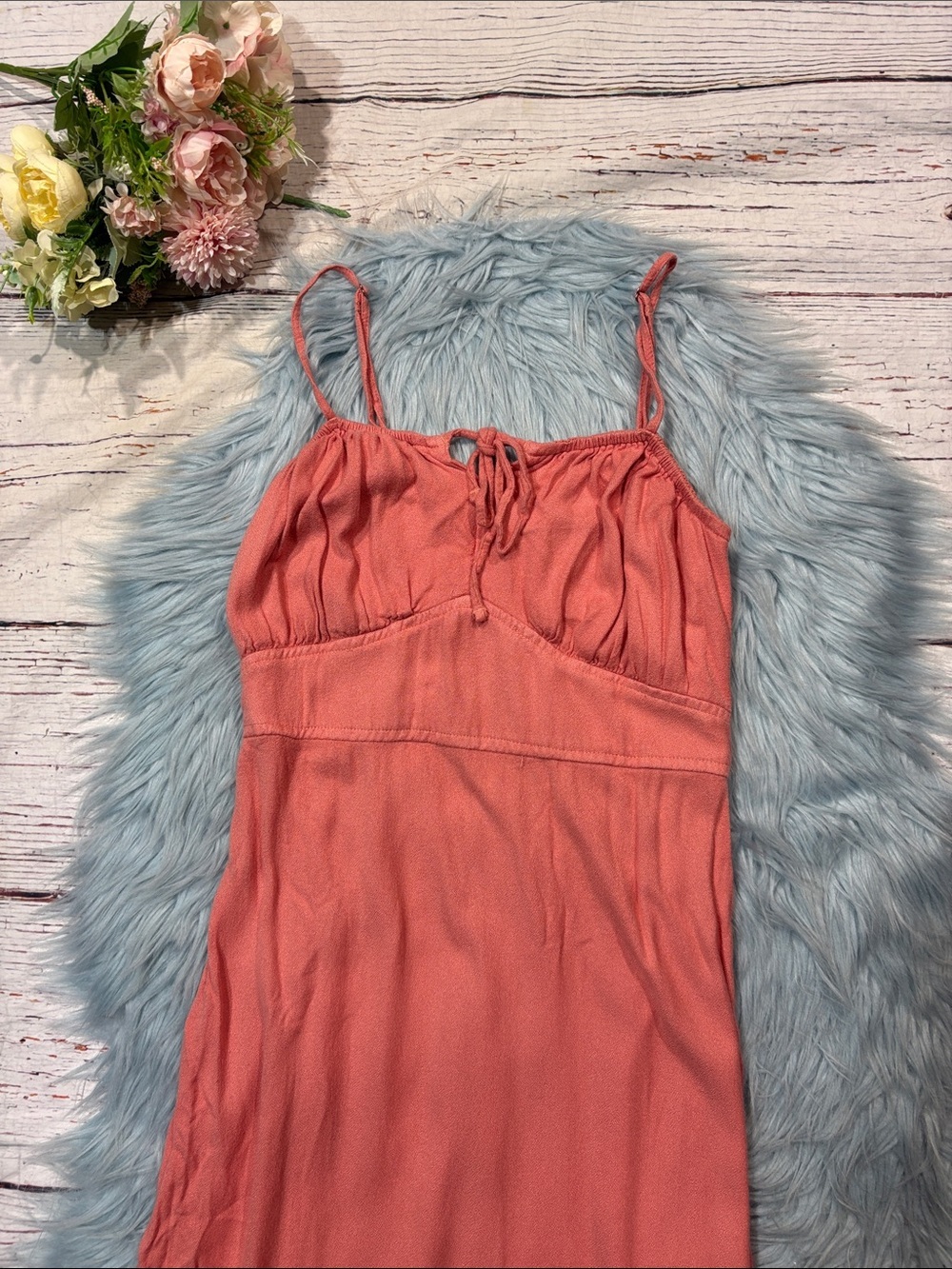 Abercrombie & Fitch Cottagecore Cinched Tie Front Ruffle Hem Coral Midi Dress - Picture 5 of 8